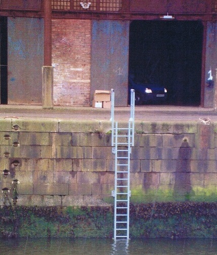 Picture of  a vertical grey Cat Ladder against a harbour