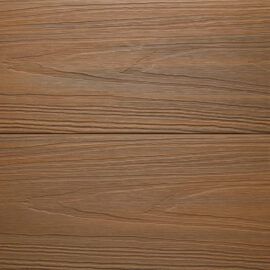 Close up of two WPC woodgrain decking boards in Teak