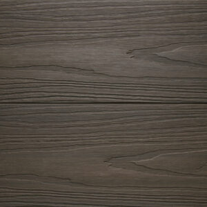 Close up of two WPC woodgrain decking boards in Walnut