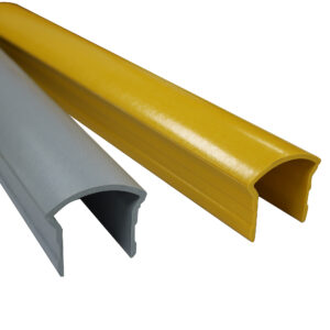 Close up of two GRP SafeRail Ergonomic Top Rails in yellow and grey